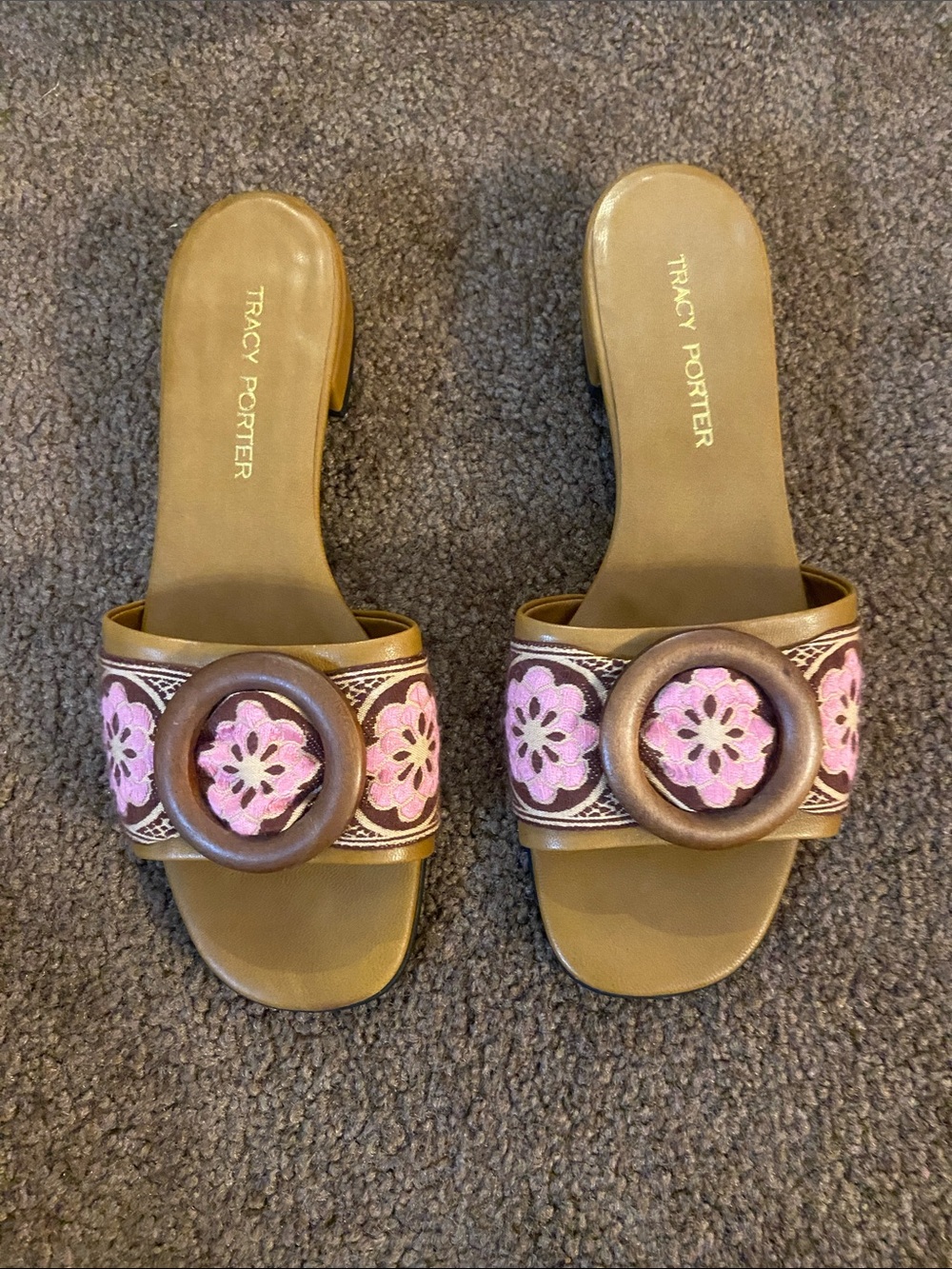 Tracy Porter Brown & Pink Floral Buckle Slide Mules
